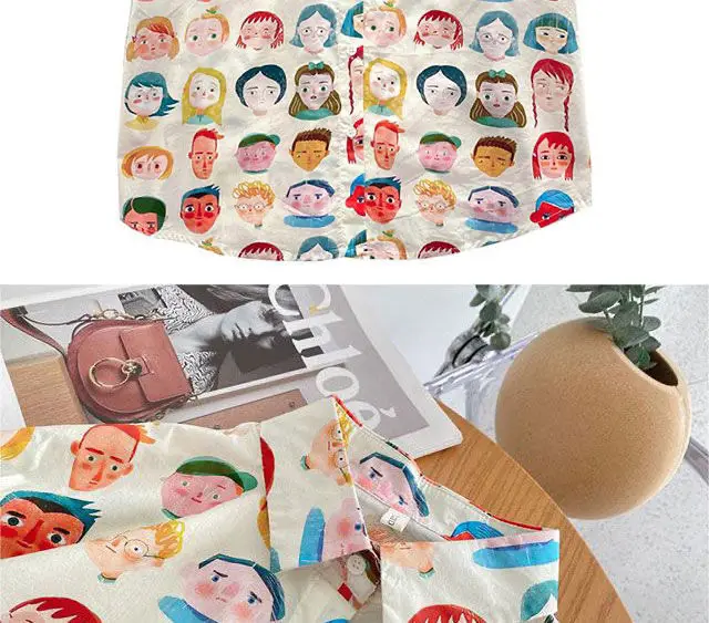 Japanese Funny Face Comics Full Print Short Sleeve Shirts Oversized Button Up Shirt Women Teens Students Kawaii Blouse Harajuku