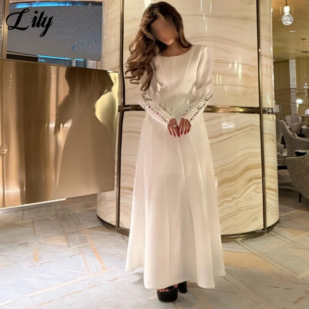 

Lily White Party Dress O-Neck A-line Regular Sleeve Evening Dress with Crystals فساتين السهرة for Wedding Customized