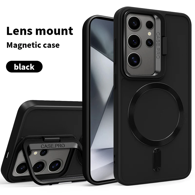 For Magsafe Magnetic Wireless Charging Car Phone Case For Samsung S24 Ultra S23 Ultra Plus Lens Holder Shockproof Back Cover
