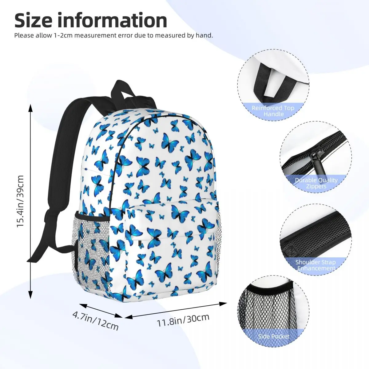 Blauer Schmetterlingsdruck, neuer modischer, wasserdichter College-Rucksack mit hoher Kapazität, trendiger Laptop-Reise-Büchertasche, 38,1 cm