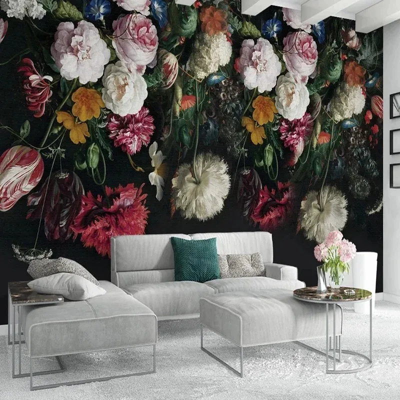 

Custom Photo Mural Wall Painting Retro Black Floral Wallpaper For Living Room Bedroom Paper Home Decor Tapety Papel De Parede 3D