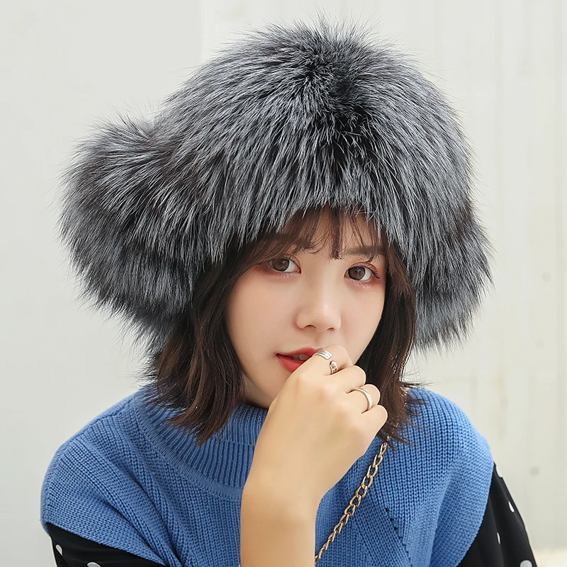 

2023 100% Real Fox Fur Hat Women's Russian Ushanka Aviator trapper snow skiing Hat caps earflap winter raccoon fur Bomber hat