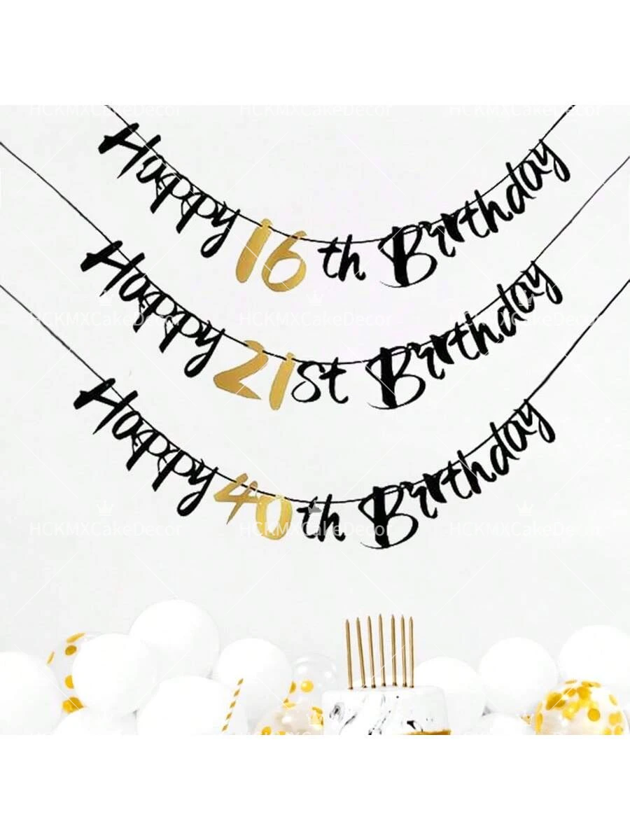 Alles Gute zum Geburtstag Banner Schwarz Gold Glitzer Nummer 16/18/21/30/40/50/60 Geburtstagswimpel Girlande für Erwachsenen-Geburtstagsfeier – Detail 1