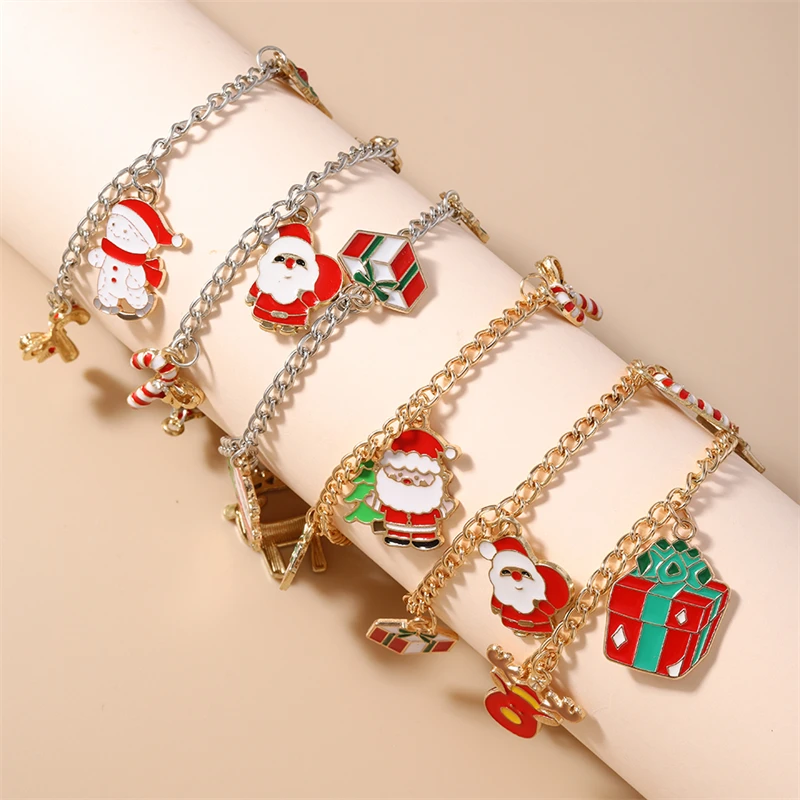 Modisches Weihnachtsarmband für Damen, Metallarmband mit Weihnachtsmann-, Baum- und Rentier-Anhängern, Mädchenarmband, Neujahrsfest-Schmuck, Geschenkidee – Detail 2