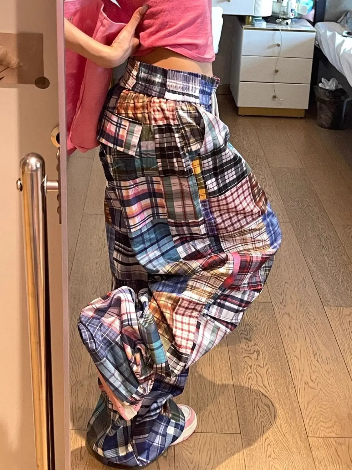 New design sense niche American retro color checkered wide-leg pants women's versatile checkered floor-length pants