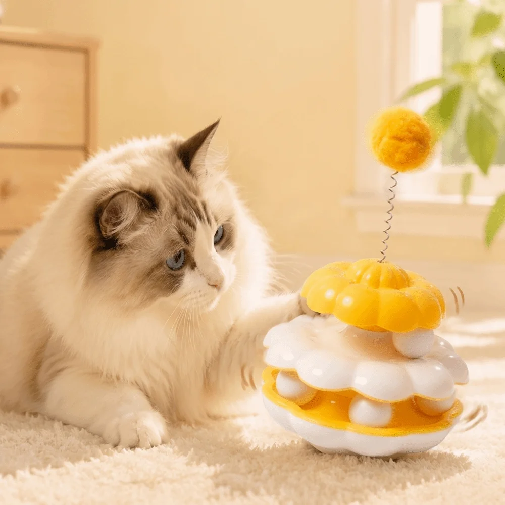 Durable Plastic Cat Turntable Toy Ball Rotating Design Interactive Cat Toy 14x26cm Stable Base Self-Play Cat Toy Cat