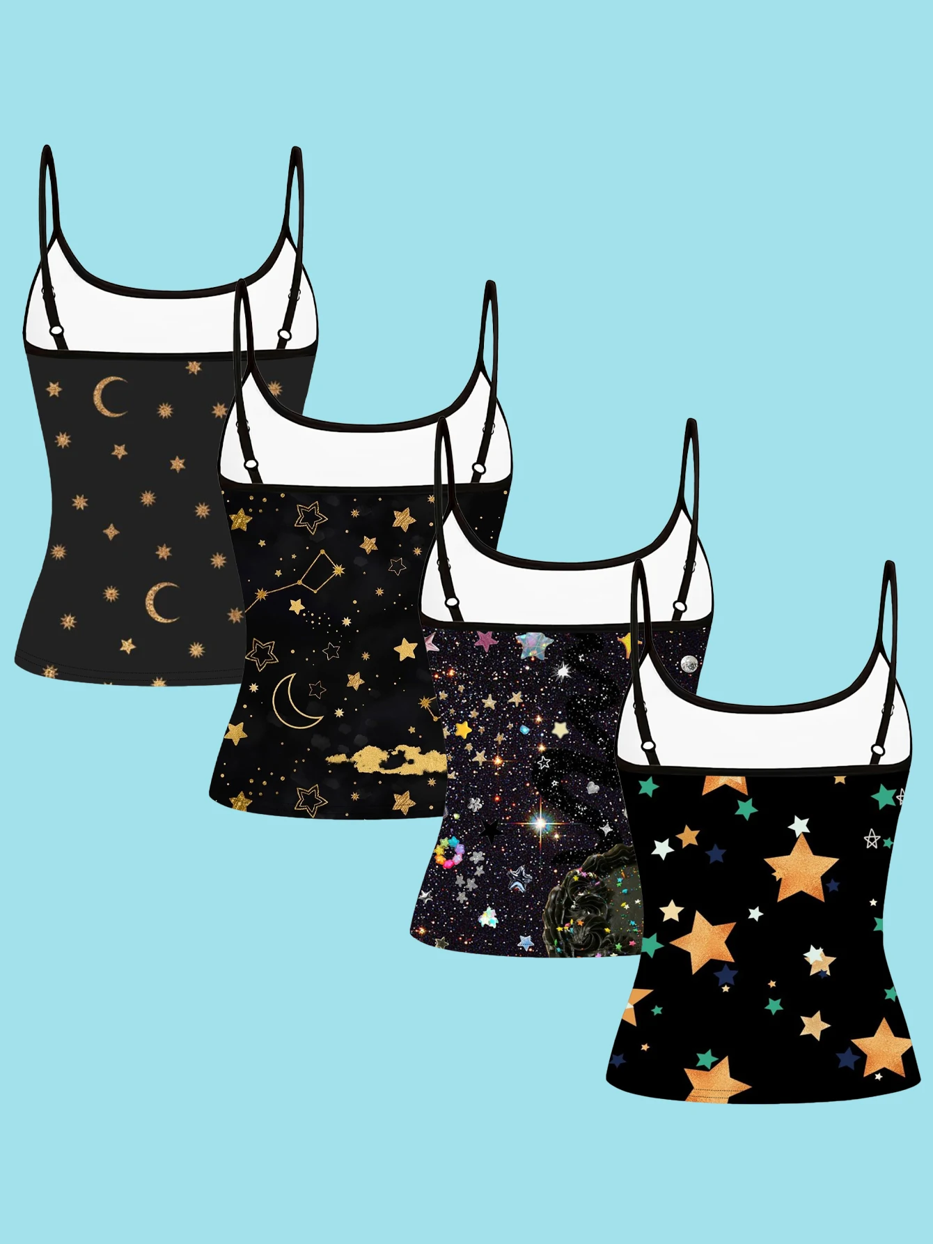 4-Piece Set of Women's Black Camisole Tops with Gold Star and Moon Print, Vintage Constellation Starry Sky Slim-Fit Spaghetti Strap Inner Tops