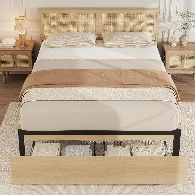 

King Bed Frame with Rattan Headboard, Platform Bed Frame, Mid Century Bed Frame with 2 Storage Drawers, Large Under-Bed S
