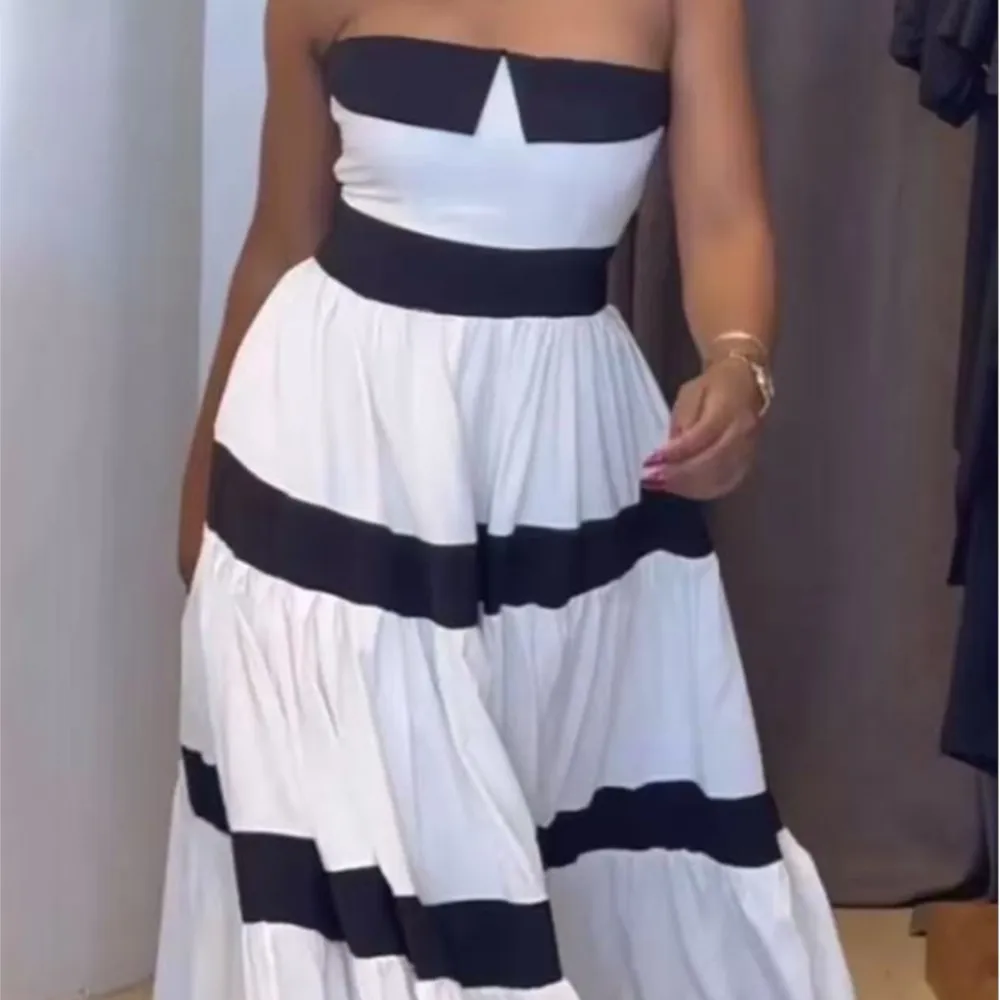 

Fashionable Simple Party Dress Elegant Contrast Color Splicing Striped Strapless Sleeveless Backless High Waist Long Dresses