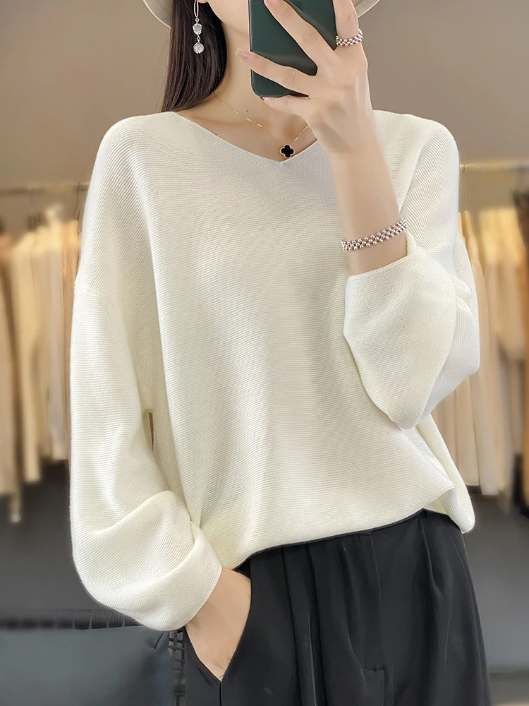 

New Women's Pullover V-neck First-line Ready-To-Wear Sweater Long Sleeve Jumper Loose Fashion Comfortable Solid Color Sweater