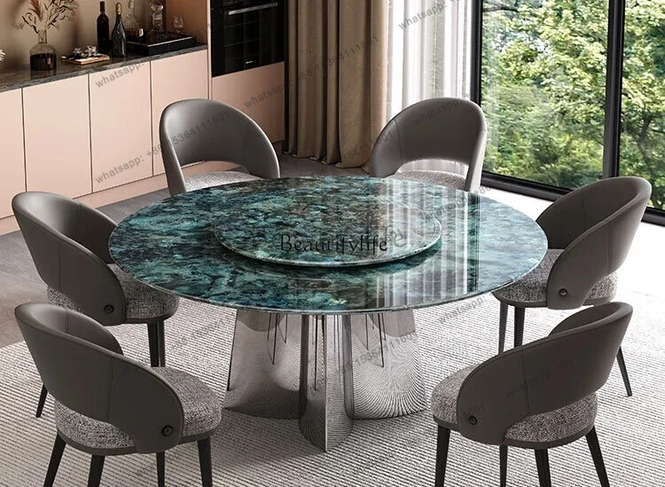 FGHigh-end supercrystalline stone dining table natural marble with turntable microcrystalline stone light luxury
