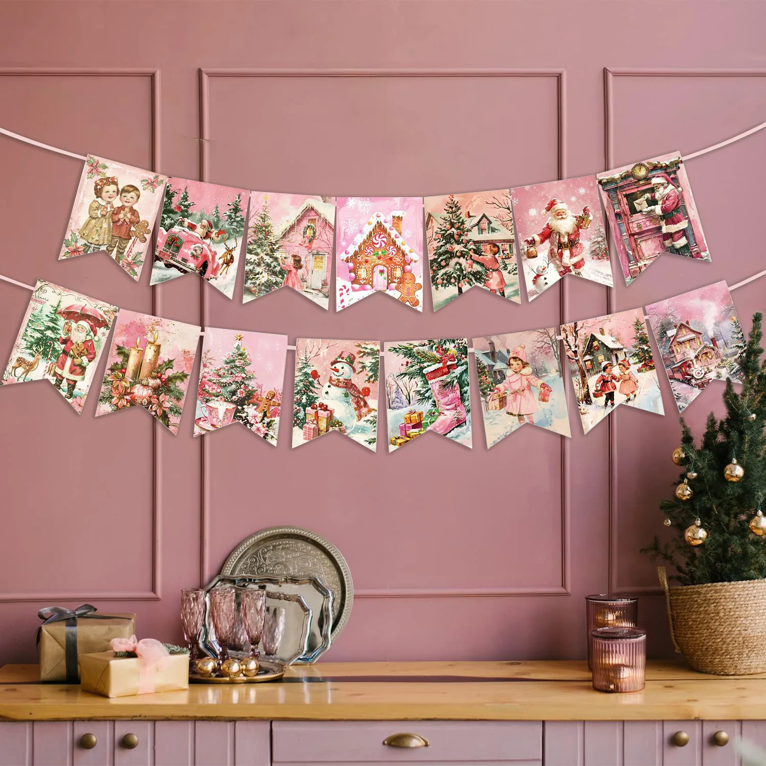 Pink Christmas Decoration Props Vintage Banner Flags Christmas Party Supplies Christmas Wall Hanging Decorations