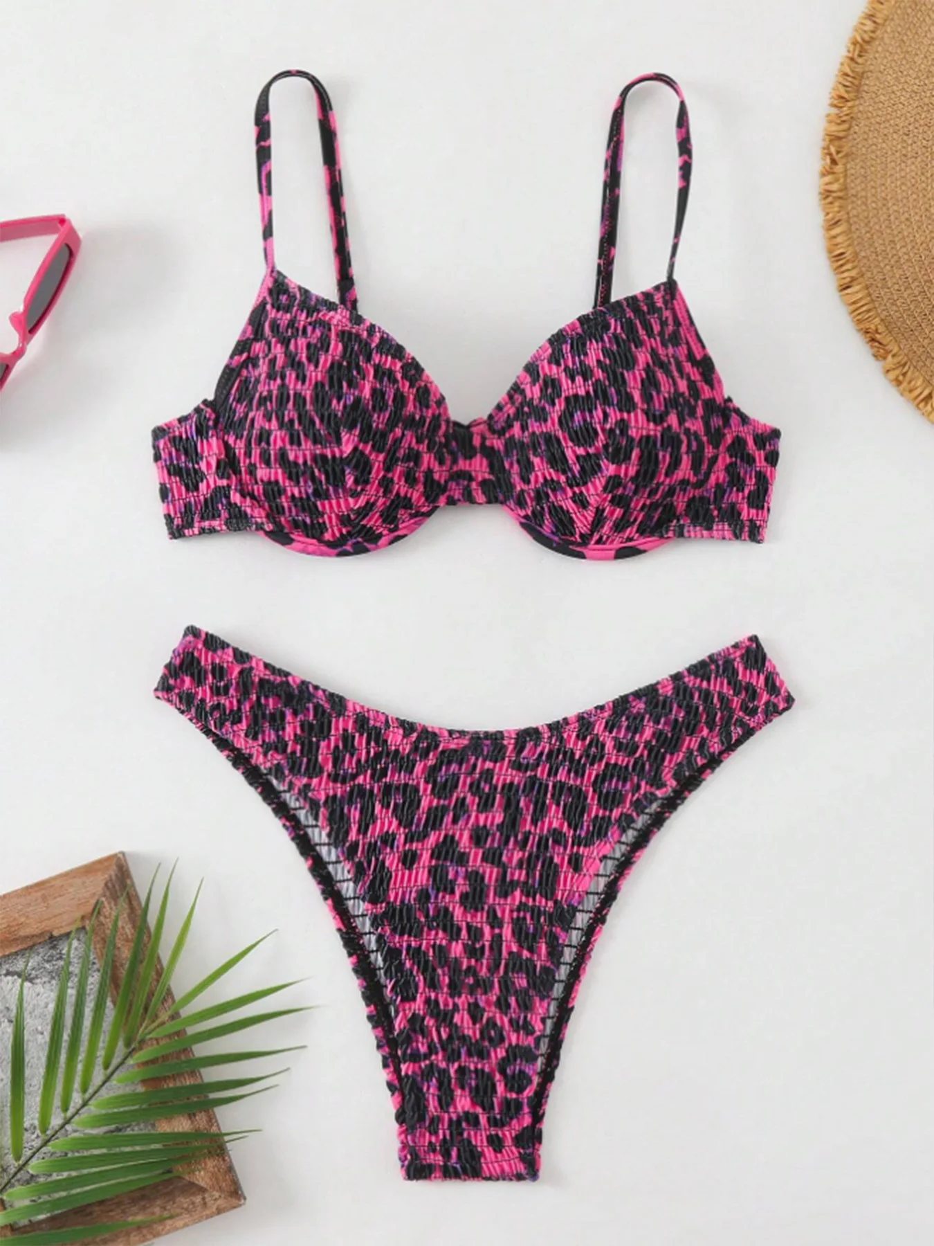 Sexy enrugado leopardo impressão push up bikinis define duas peças maiôs beachwear maiô biquini tankini trikini