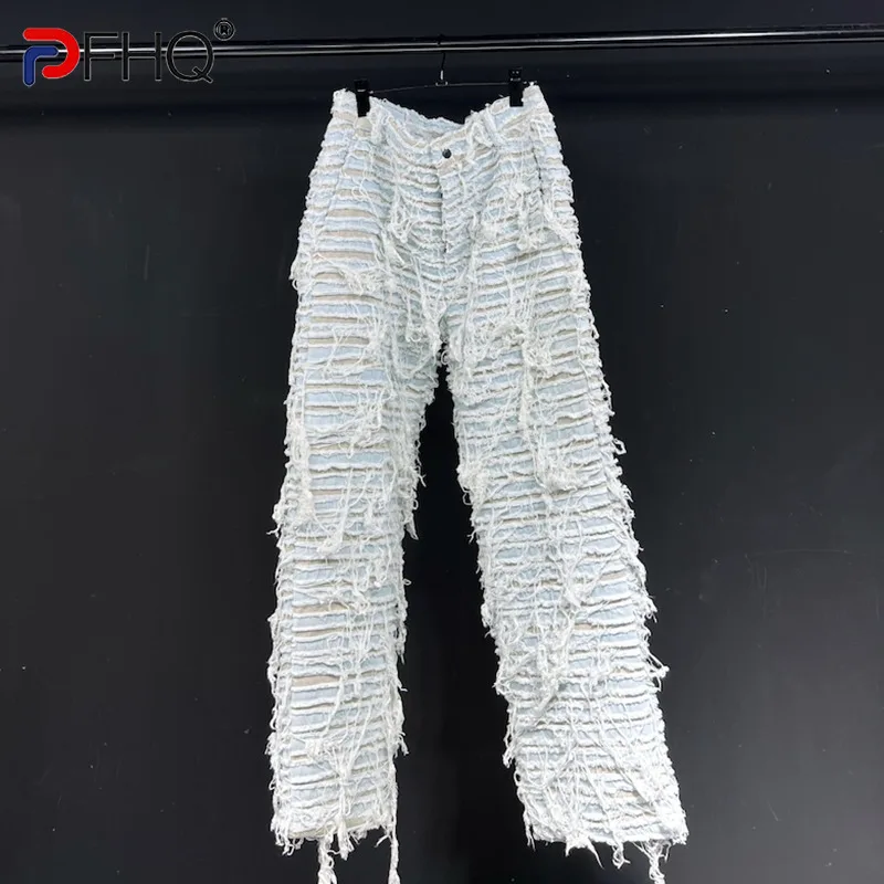 PFHQ 2023 Summer Ins Fashion Jeans For Men New Solid Color High Waist Straight Horizontal Stripe Denim Pants Men\'s Tide 21F3530