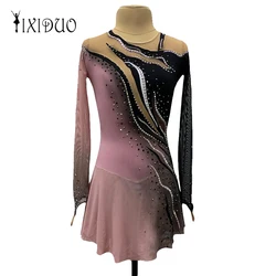 Vestido de patinaje artístico, falda de patinaje sobre hielo con gradiente rosa y negro, manga larga, Spandex, alta elasticidad, ropa de competición de entrenamiento y Patinaje