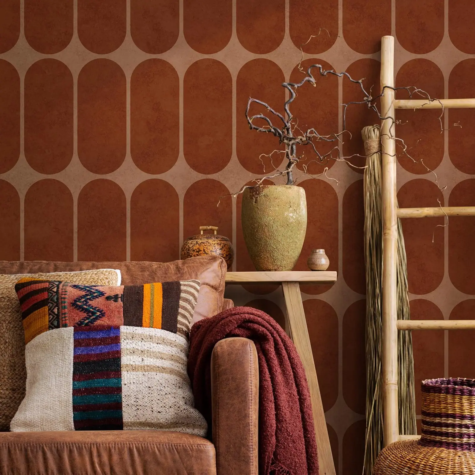 Mid-century Arch Motif Geometric Wallpaper,Terracotta and Beige Color Wall Mural For Home Decor.Self-adhesive Or Tradition Paper