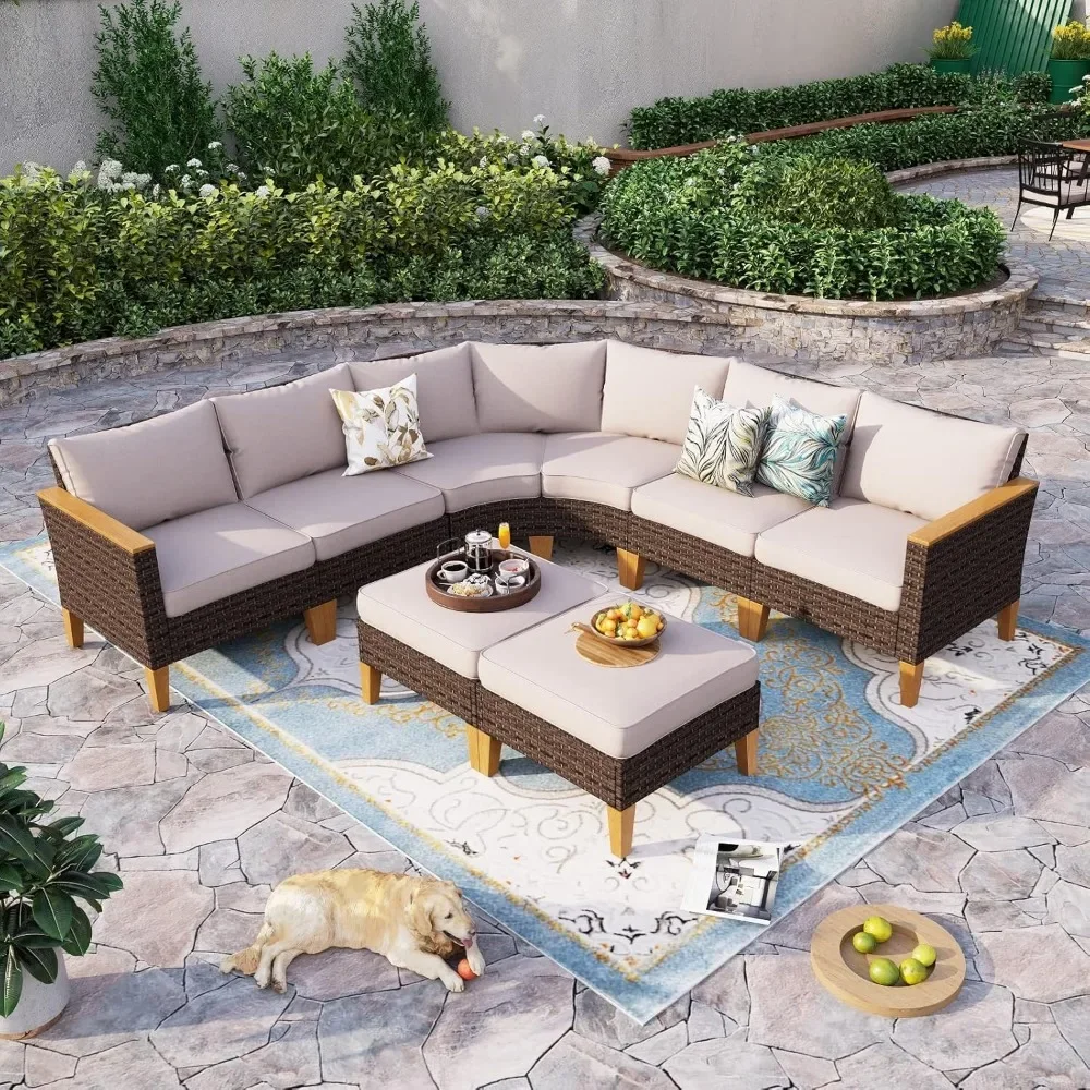 

Half Moon Patio Furniture Set 8 Piece Outdoor Sectional Sofa Set, Wicker Patio Conversation Set