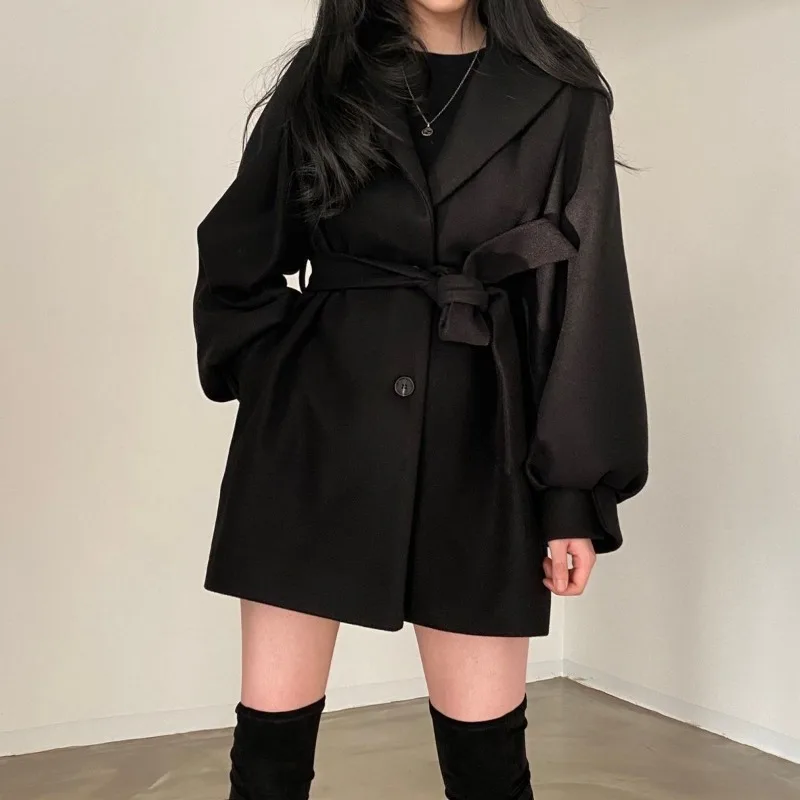 HOUZHOU Winter Vintage Wool Coat Women Autumn Winter Korean Fashion Oversize Jacket Old Money Style Streetwear Tweed Outwear