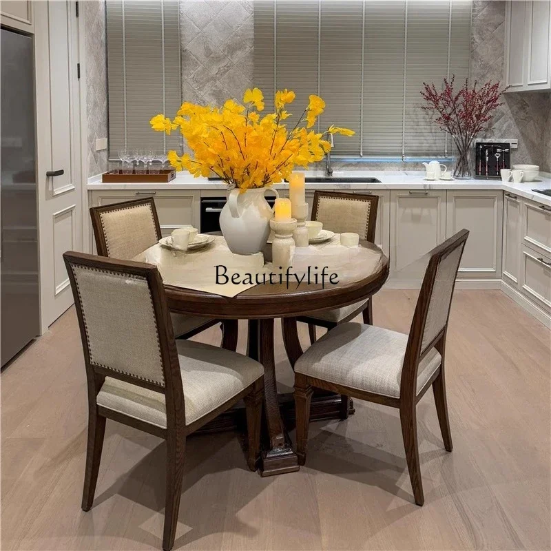 

ls 04American light luxury solid wood dining table French retro high-end atmosphere simple oak round dining table