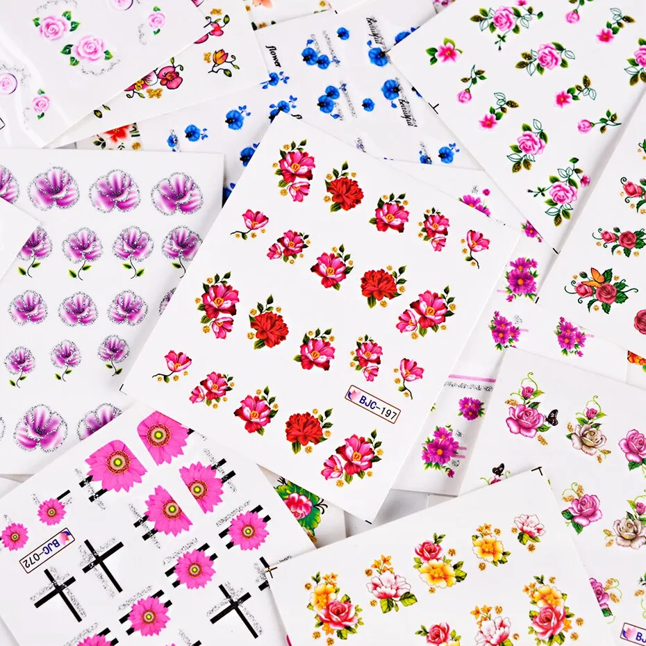 55pcs Flowers Lace Water Nail Stickers Set Glitter Charms Floral Nail Art Transfer Decals Slider Tattoo for Manicure Decorations
