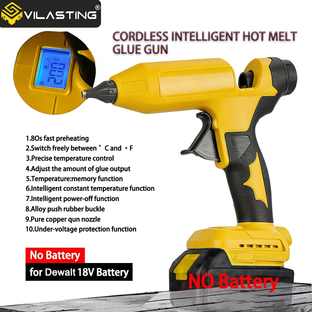 VILASTING Electric Hot Melt Glue Gun Cordless LED Display Adjustable Temperature 11mm Melt Welding For Dewalt 18V Battery Pin