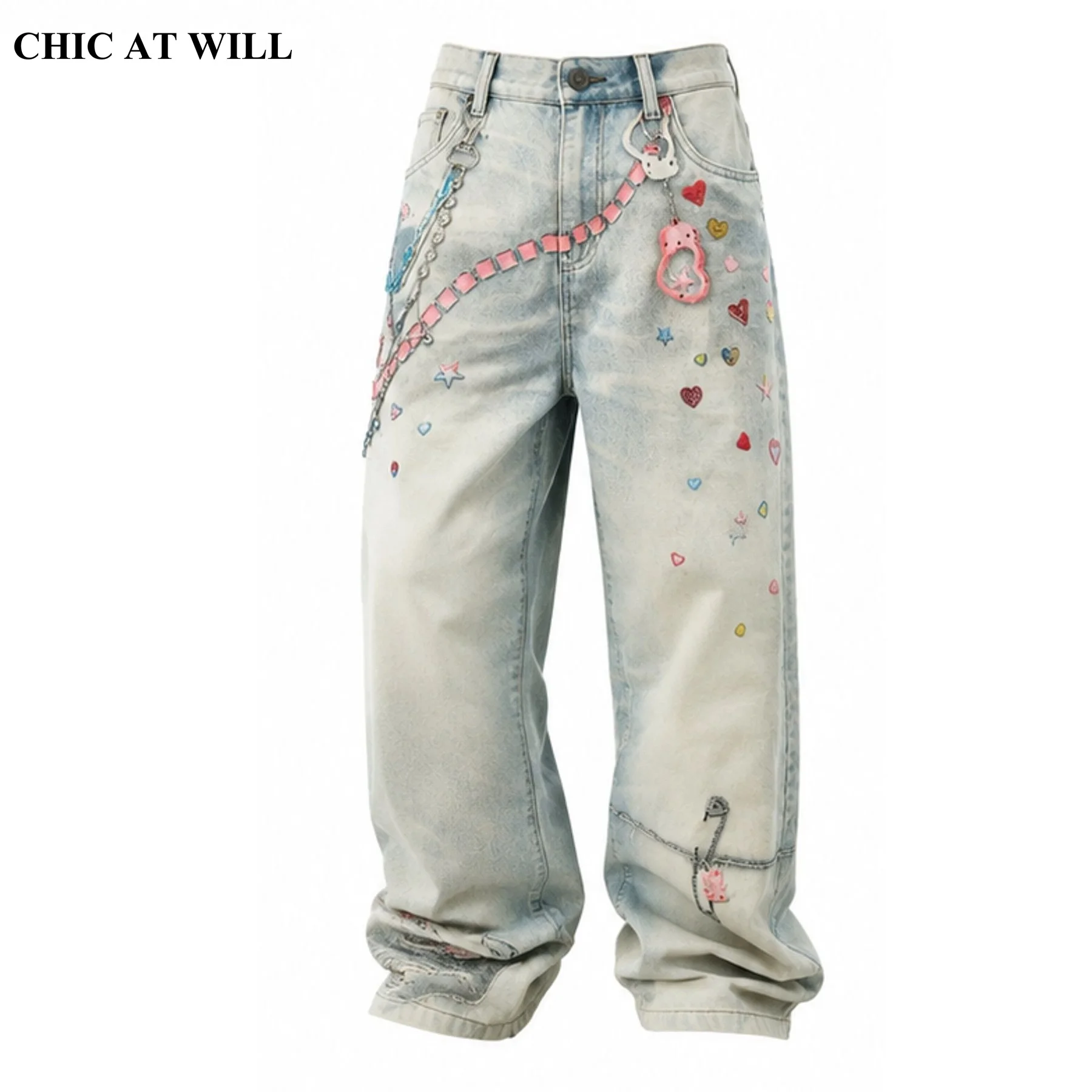 CHIC Streetwear Women's Jeans American Vintage 3D Painting Printed Chains Retro Denim Men Pants Straight Casual Trousers Trendy