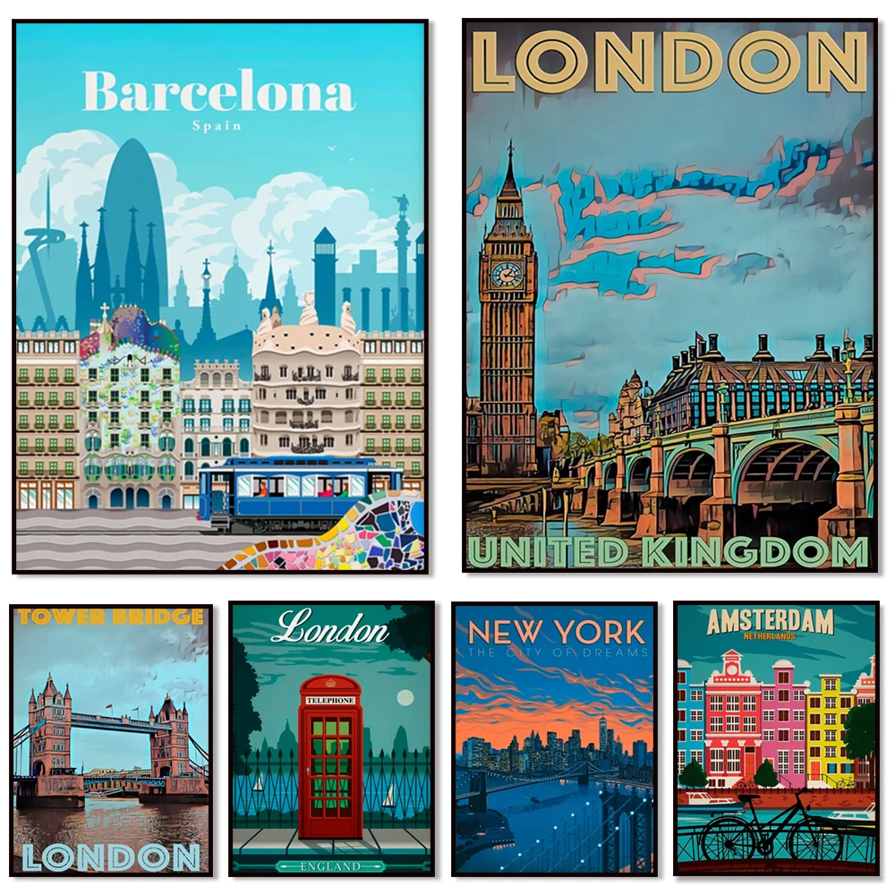 Amsterdam, Netherlands, Sydney, USA, New York, UK, London, Madrid, Spain, Barcelona, Travel Poster - Wall Art Print Gift