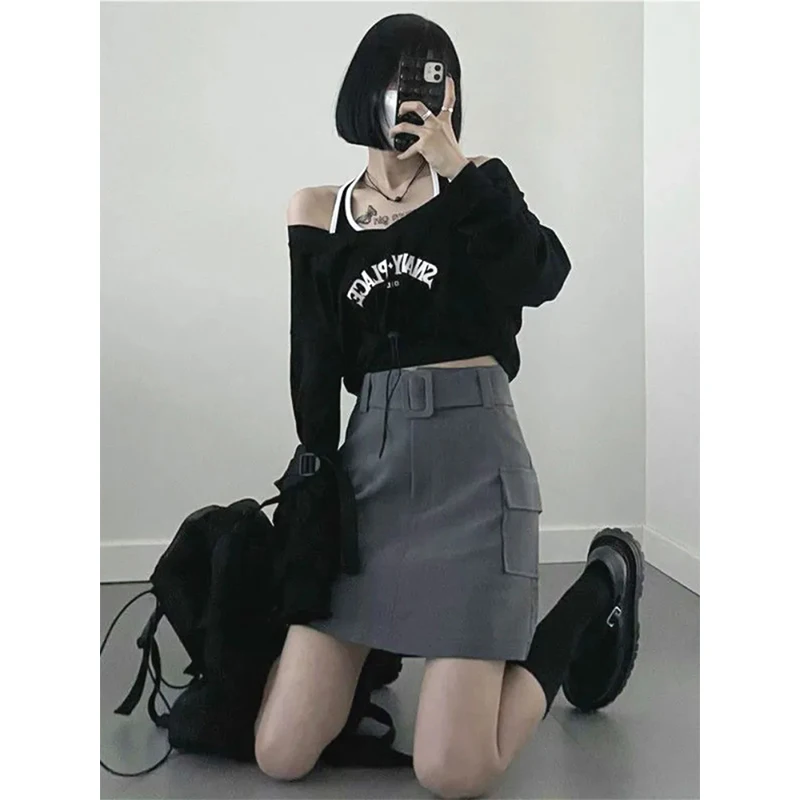 MEXZT Streetwear Crop Sweatshirts Women Harajuku Halter Camis Letter Print V Neck Pullover Y2K Two Piece Set Korean Hoodies Tops