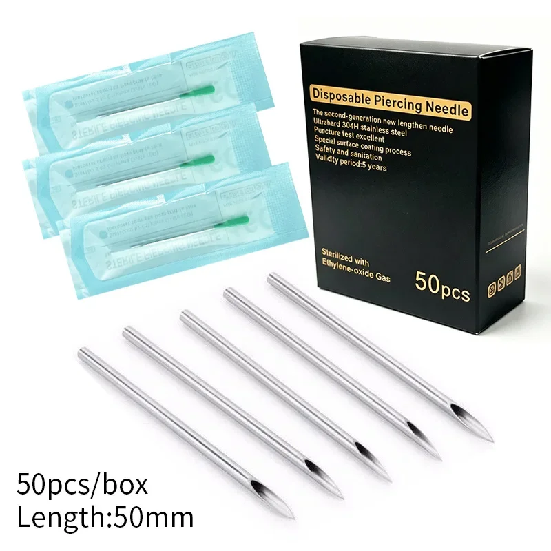 50Pcs Tattoo Puncture Needle for Nose, Ear, Tongue, Lip, Navel Nail Extended Puncture Beauty Tool 12G-20G Earring Needle