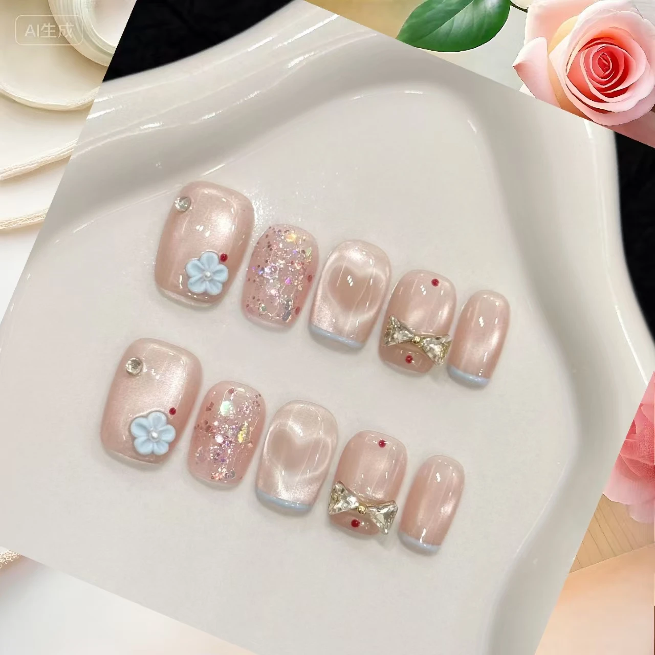 10PCS [Hearts in Bloom] Glitter Cat-Eye Heart Mermaid Bow Press-On Nails With 4-PIECE Tools  Super-Strong Nail Adhesive Tabs