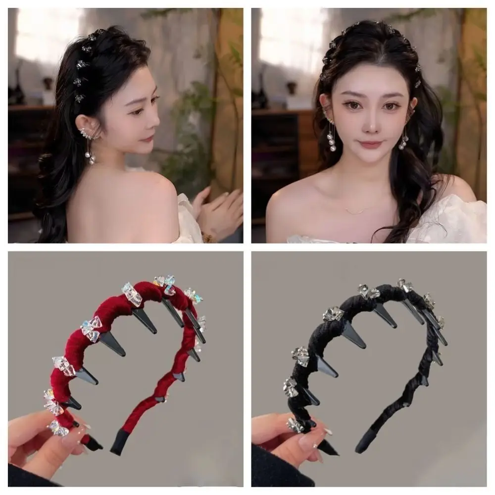 Nowa aksamitna grzywka naprawiono HeadHoop antypoślizgowa Rhinestone zębata opaska do włosów narzędzia do stylizacji zębów klips do włosów kobiety dziewczyna
