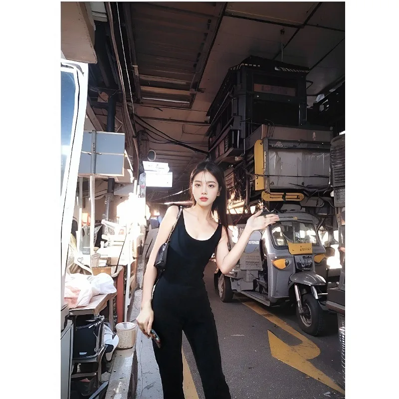 

Women's Spring and Summer Black Elastic U-shaped Collar Sleeveless Shoulder Strap Jumpsuit New Backless Long Casual Pants