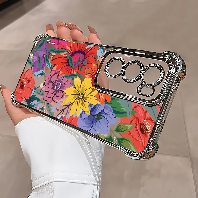 Plating Clear Phone Case For Vivo V70 FE V40 Pro V60 Lite 4G 5G V23 V25 V29E V27 V50 V29 Fashion Flowers Print Plating Cover view 3