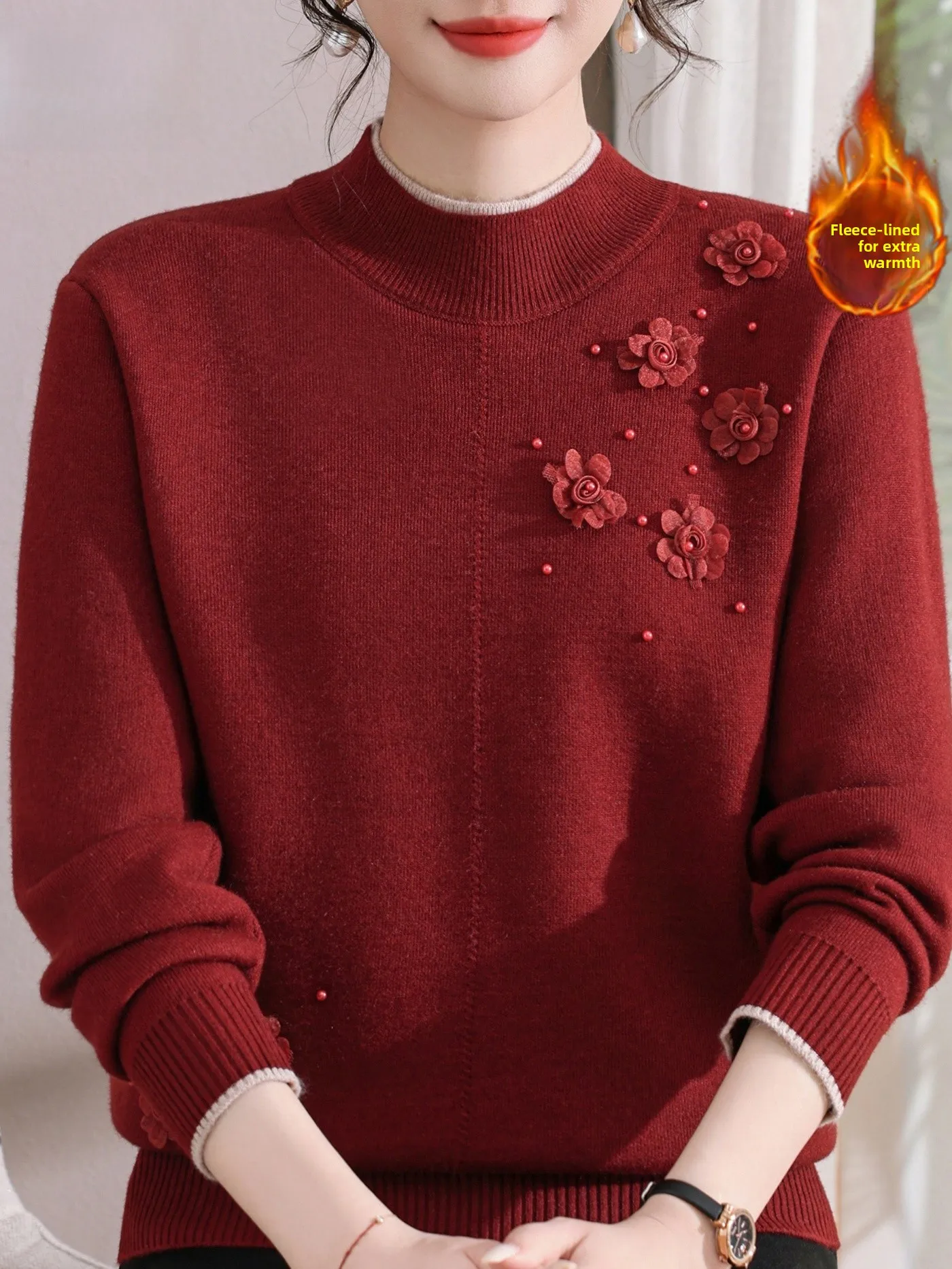 

Модный вязаный свитер с высоким воротником и флисовой подкладкой для женщин, с 3D-цветочным декором, теплая женская одежда