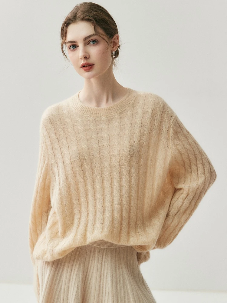 

MEETCC Women 100% Cashmere O Neck Pullover Sweater Cable Knitted Loose Long Sleeve Spring Autumn Fashion Elegant Cashmere Tops