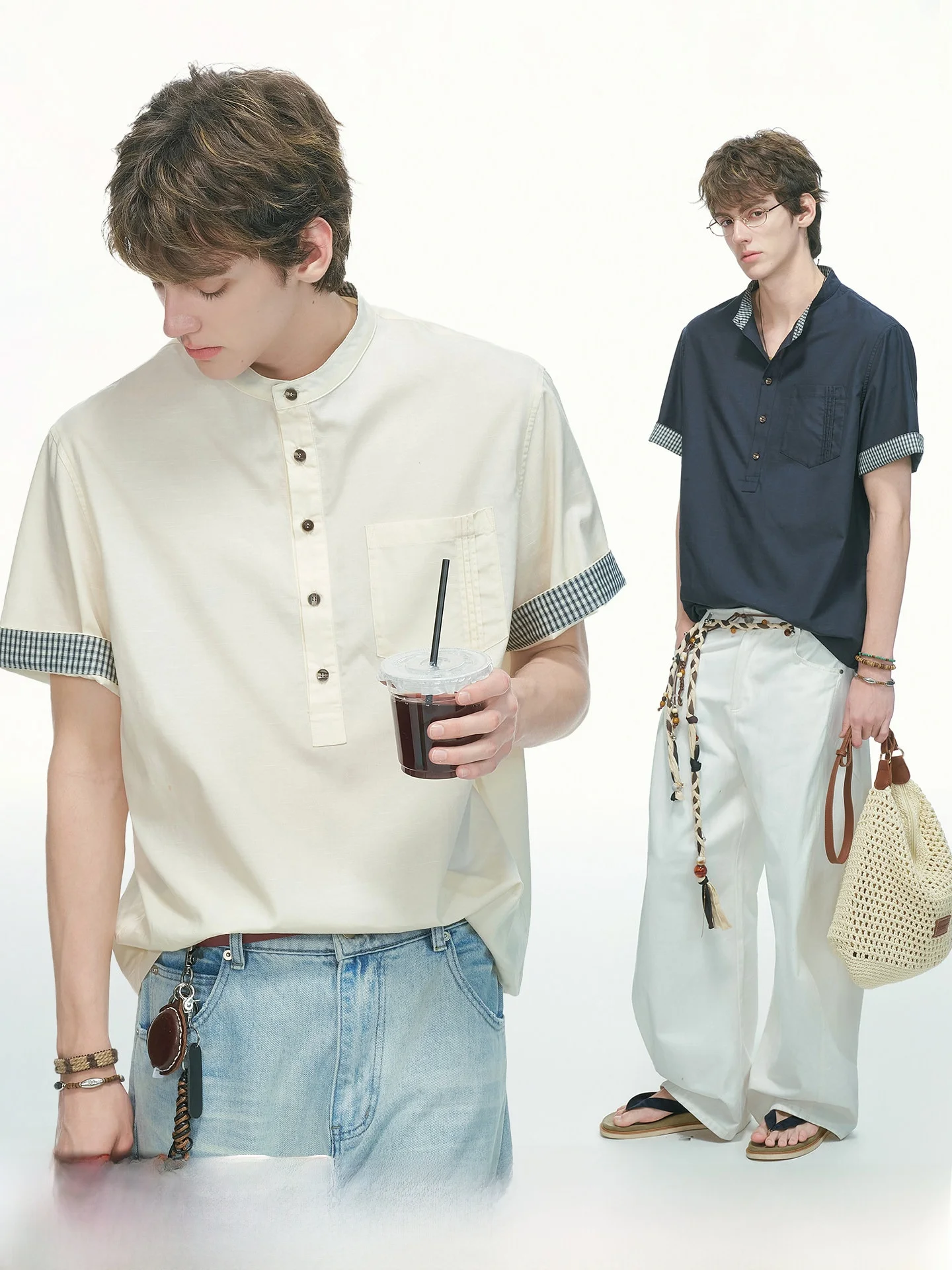 Men's Summer Short Sleeve Shirt  Plaid Henry Collar Dream Made Youth Fashion Breathable Comfortable Lycell Fiber Blend
