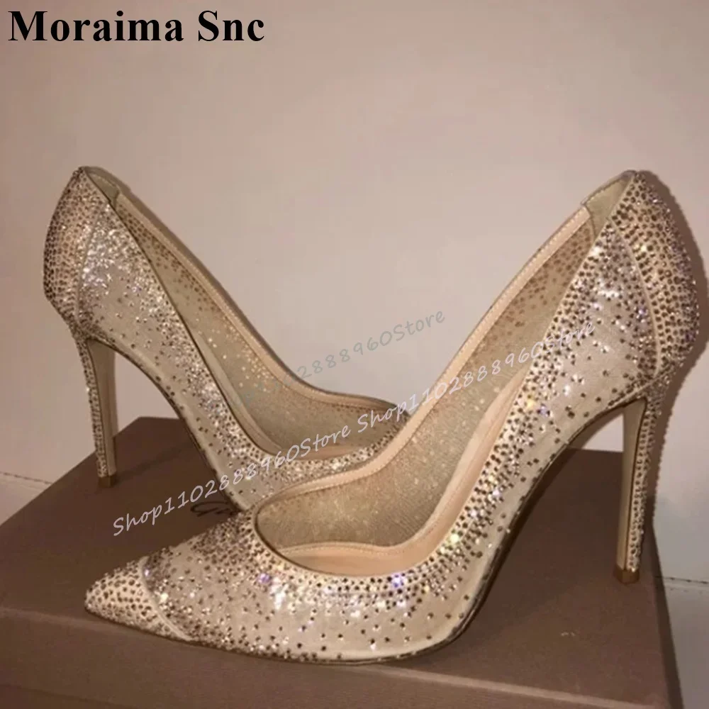 

Apricot Air Mesh Blingbling Crystal Pumps Thin High Heel Shoes For Women Slip On Pointed Toe 2025 Fashion Zapatos Para Mujere