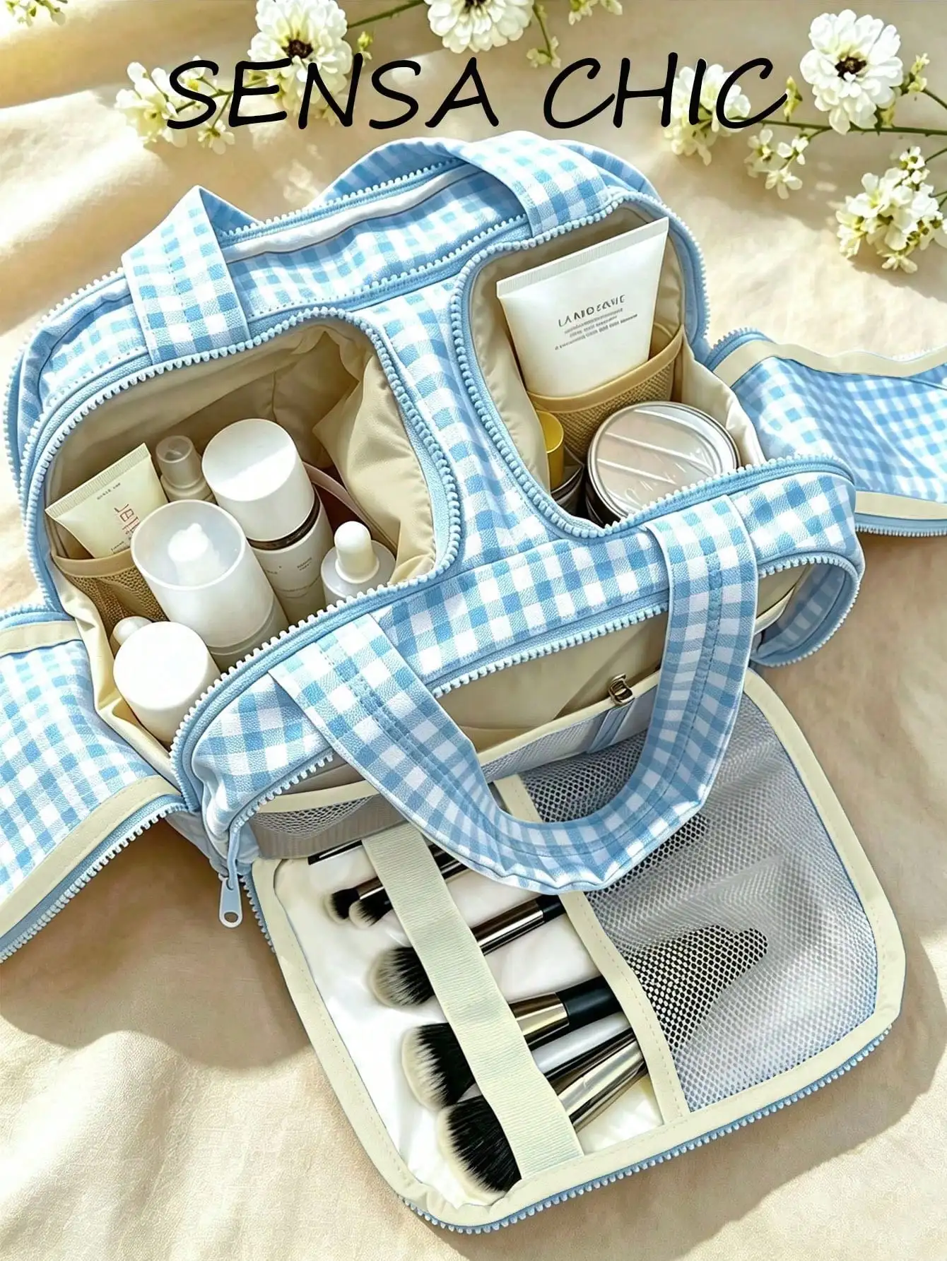 Fashionable Blue Plaid Makeup Bag With Dual Handles, Multi-Compartment Interior Design Including Elastic Makeup Brush Slots And Mesh Pockets. Full Zipper Closure And Foldable Design For Convenient Organization Of Skincare, Makeup Brushes And Cosmetics.