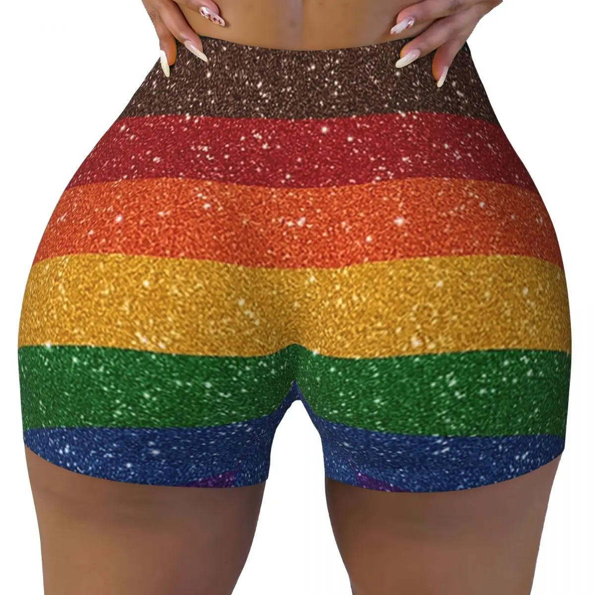 Aangepaste Faux Glitter Rainbow Pride Flag LGBT Gay Lesbische Yoga Shorts Dames Gym Workout Running Athletic Volleybal Biker Shorts