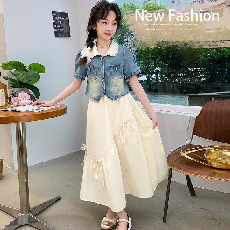 

Girls Suits Korean Set Summer 2024 New Fashion Children Jeans Coat Lace Skirt Two-piece Set Korean Simple Style Clothes