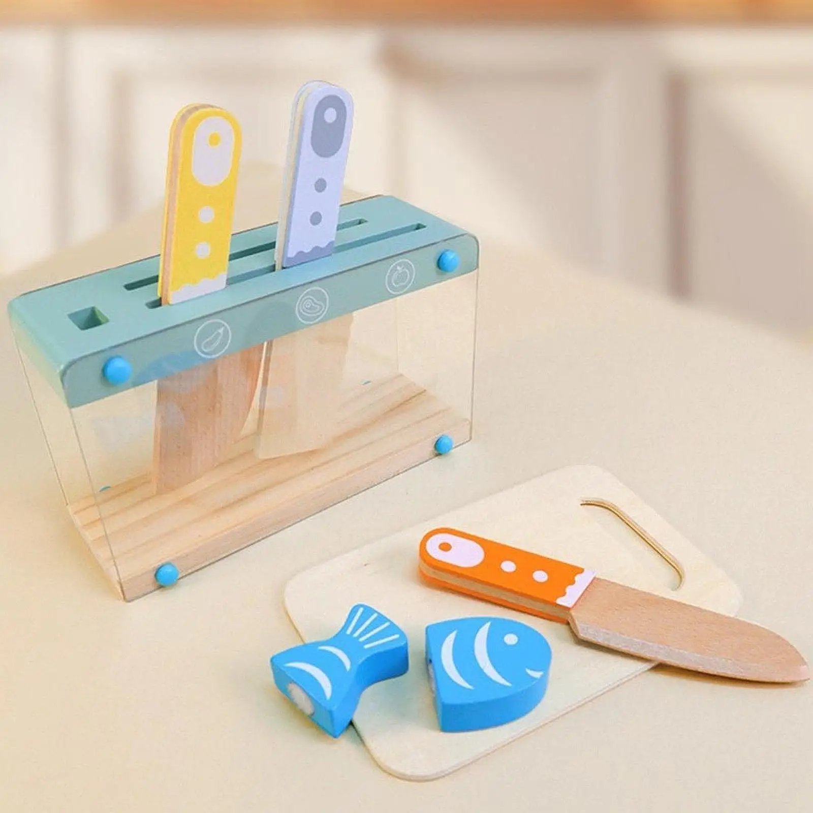 

Kids Knife Set Montessori Wooden with Storage Rack Play Kitchen Toys Accessories