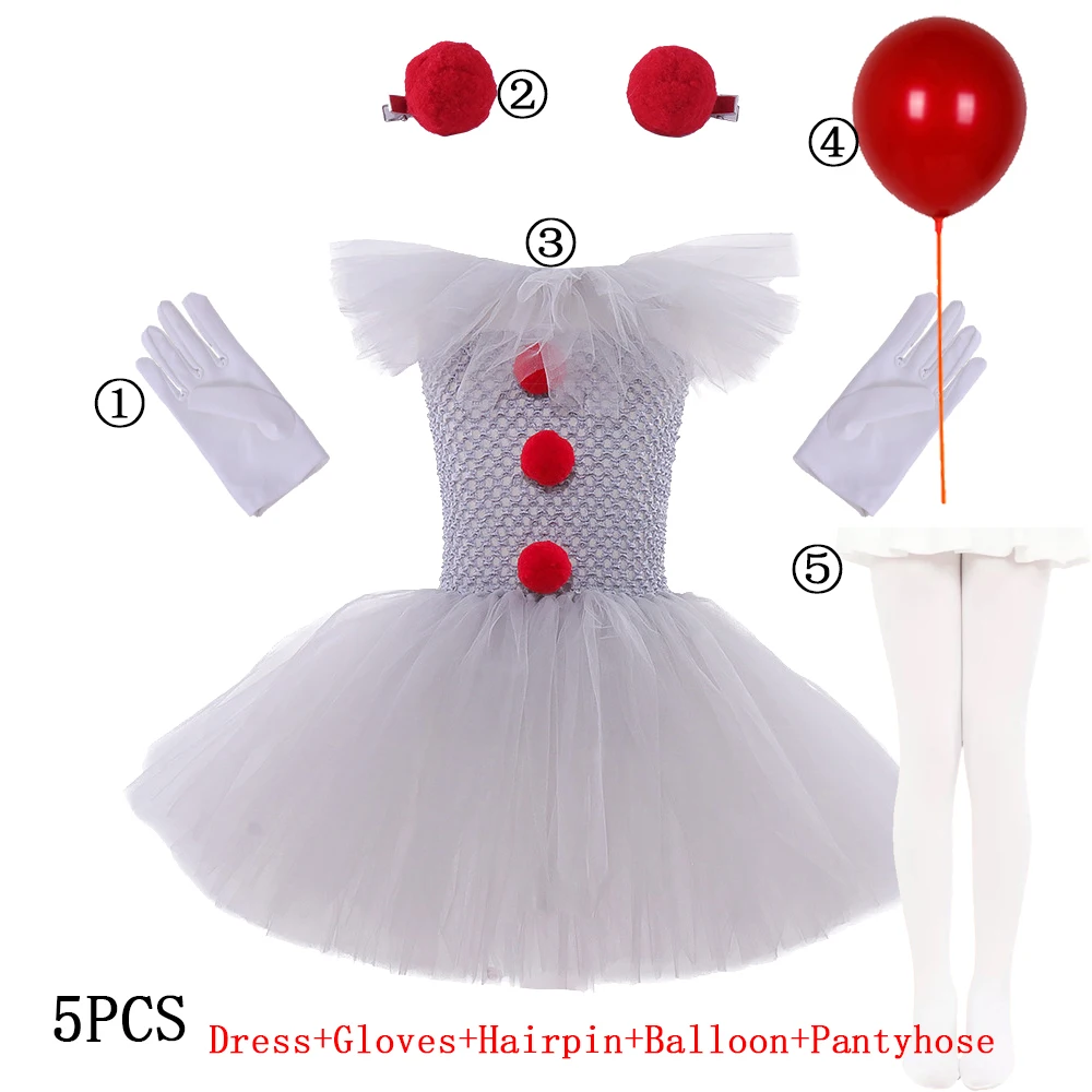 Halloween Gray Joker Girls Dress Scary Joker Cosplay Costume Tutu Dress Creepy Clown Kids Carnival Party Dresses+Stocking+Glove