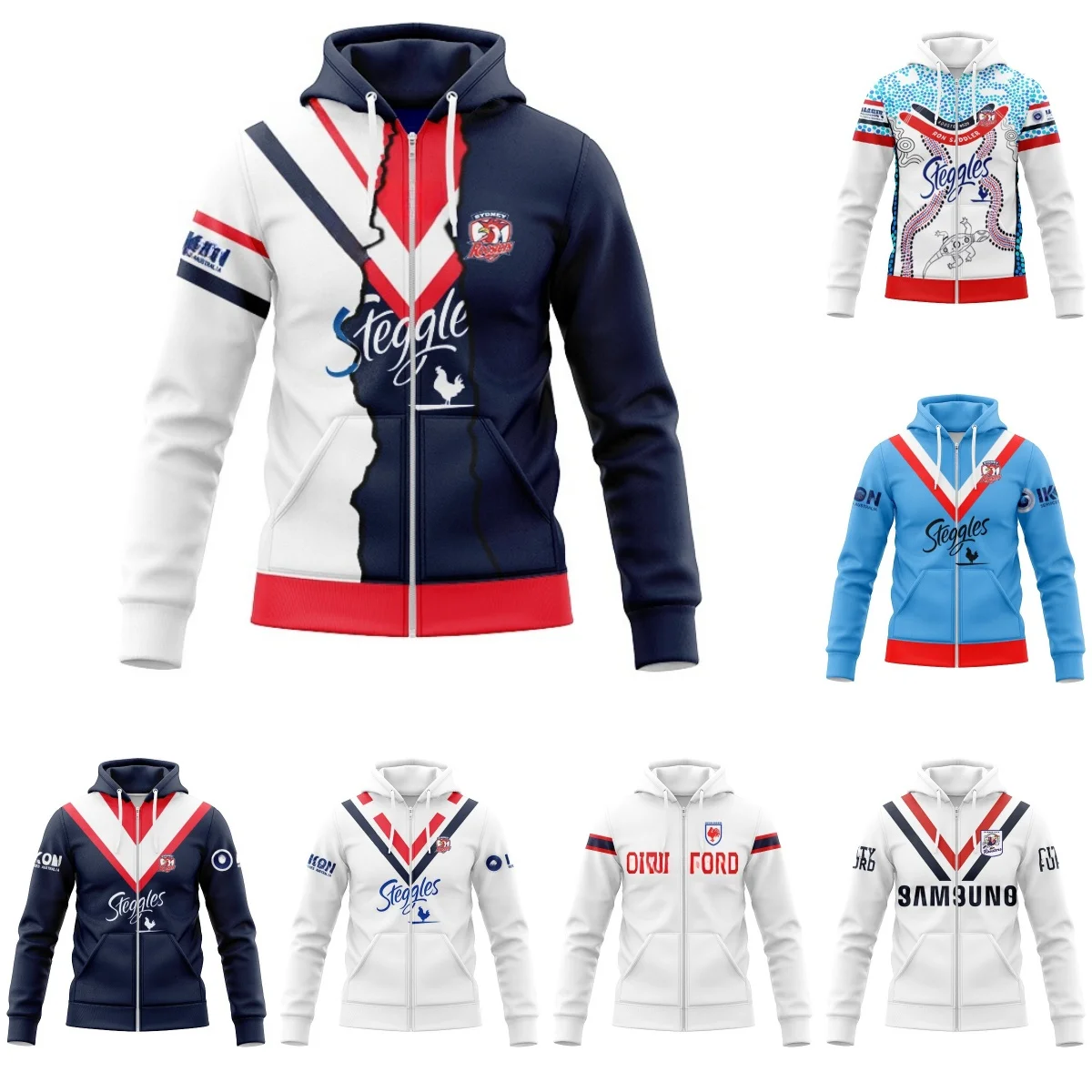 Sydney Roosters-2024 รักบี้/ซิปHoodie-ท้องถิ่น/บ้าน/ออกไป/การฝึกอบรม/Legion/Top Rugby Zipper Hoodie -S-5XLCustomizabie