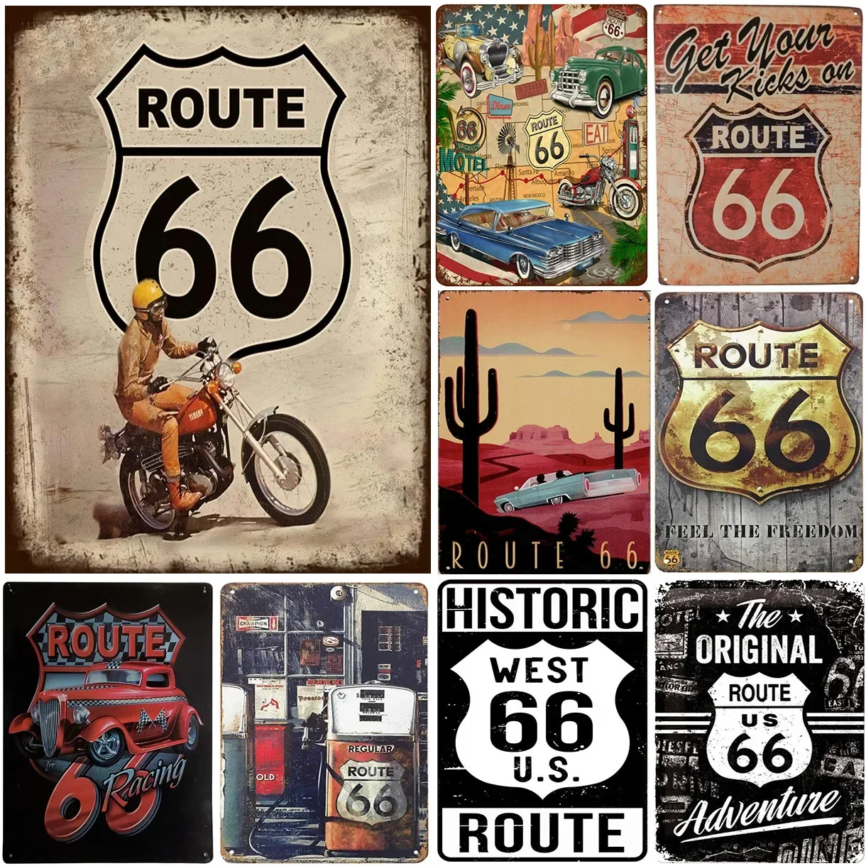 

USA Route 66 Metal Tin Signs Wall Art Posters Plaque Sign Vintage Iron Painting Decoration for Garage Cafe Living Room Club Bar