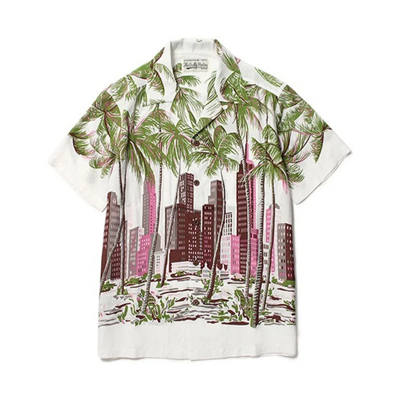 High Street Summer Trendy Mens Womens WACKO MARIA Coconut Tree High Rise City Full Print Hawaii Casual Short Sleeve Shirt