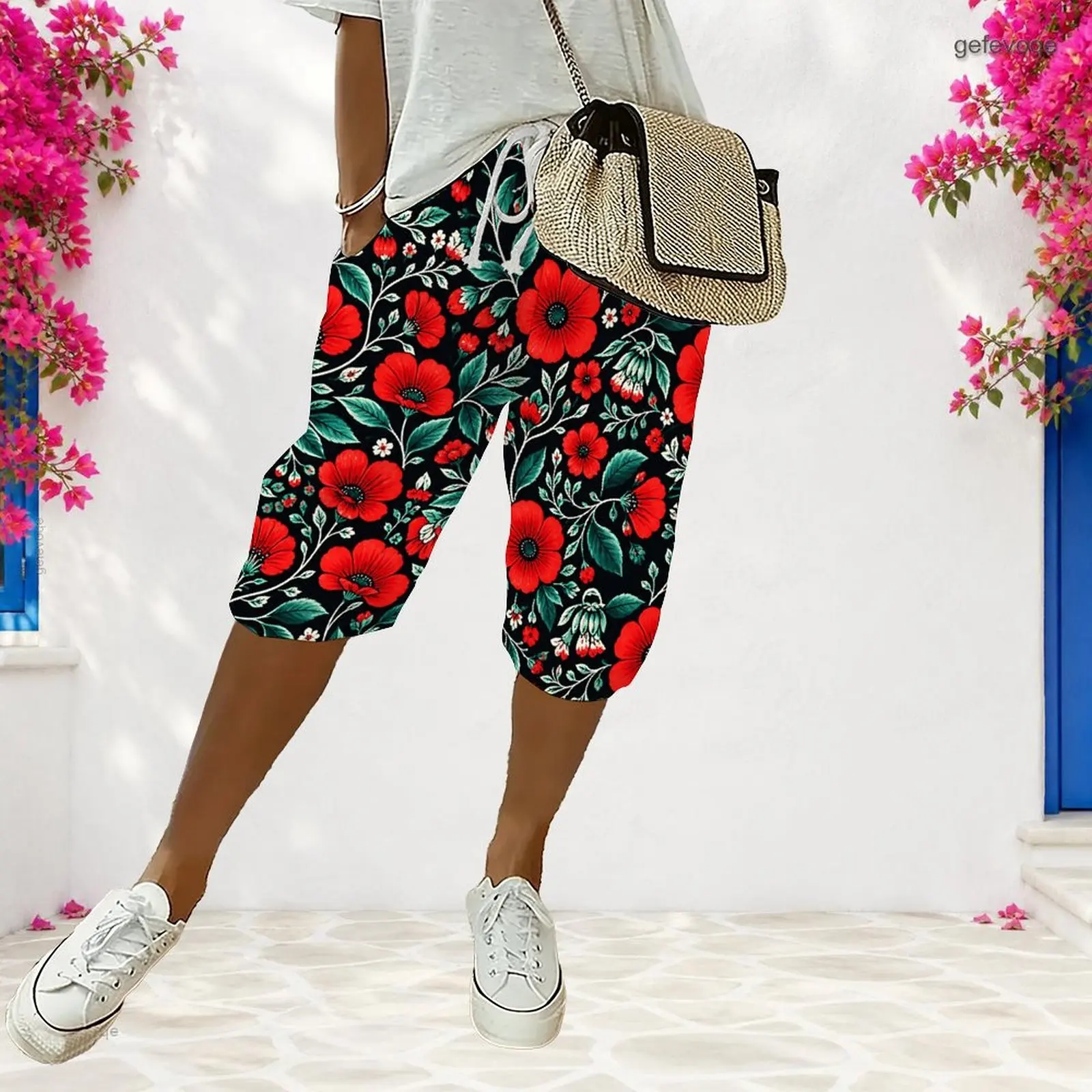 Women Printed Red Floral Knee Length Shorts with Drawstring Waist Side Pockets