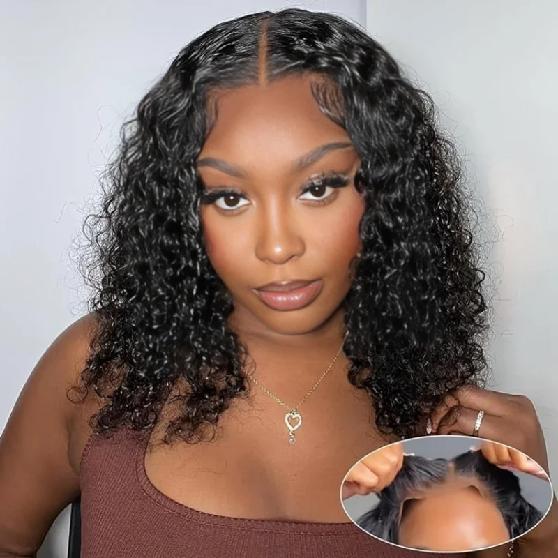 

HD Transparent Lace Closure Pre Plucked Glueless Short Curly Bob Black Human Hair Wig 100% Brazilian Read To Wear 5x5 Water Wave