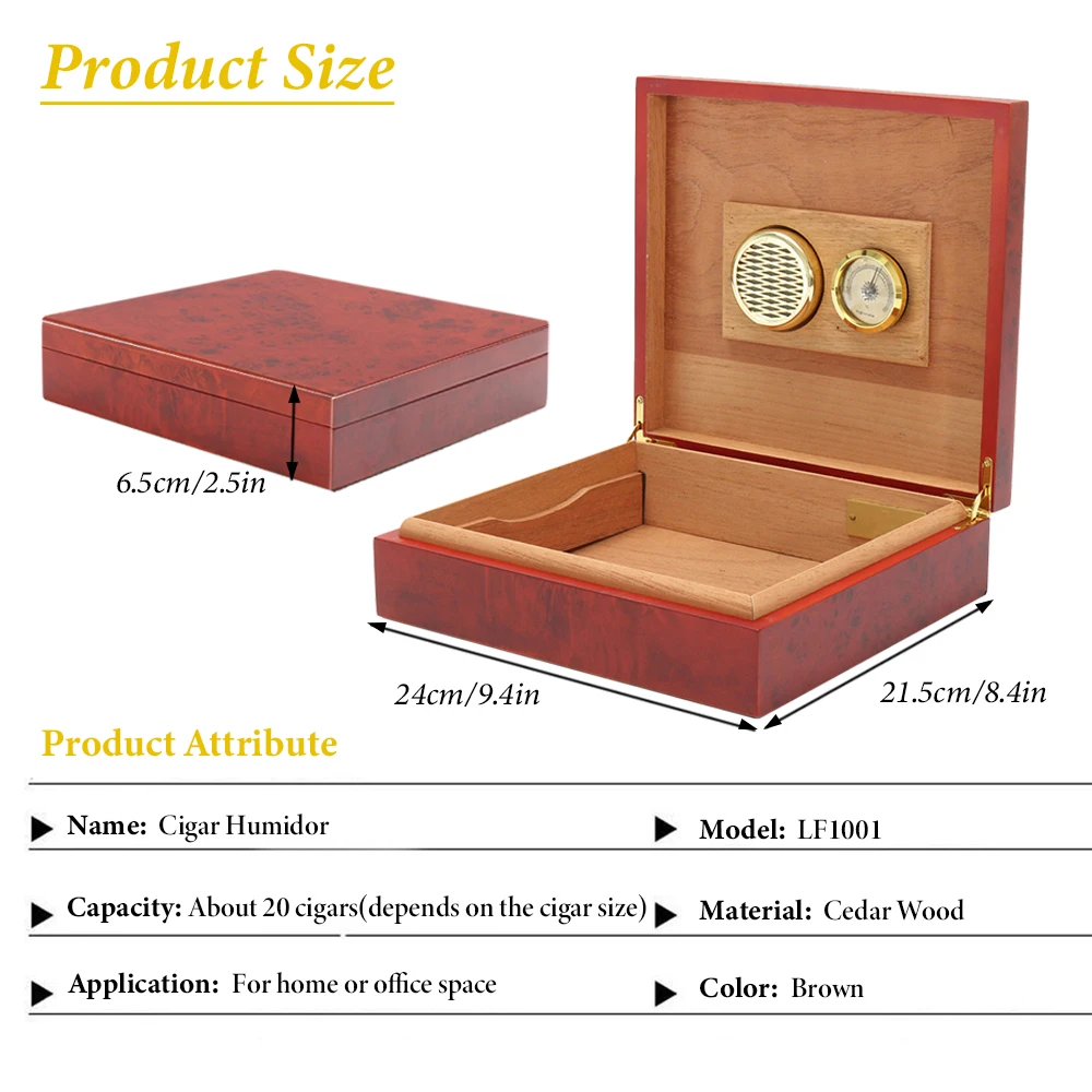 20 Count Cigar Humidor Box Brown Cedar Wood Lined Portable Cigar Humidor Humidifier With Hygrometer Case Box Moisturizing Device