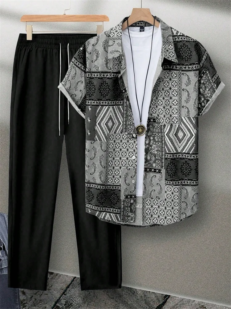 Ethnic Geometric Patchwork Short-sleeved Shirt Set, Black And Grey Loose And Casual Autumn Shirt Set, Loose And Casual S-2XL