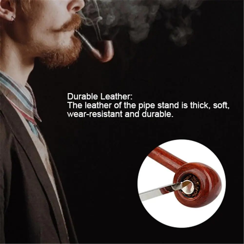 Smoking Pipe Holder, Genuine Leather Tobacco Pipe Stand with Stainless Steel Smoking Pipe Reamer Tamper Tool